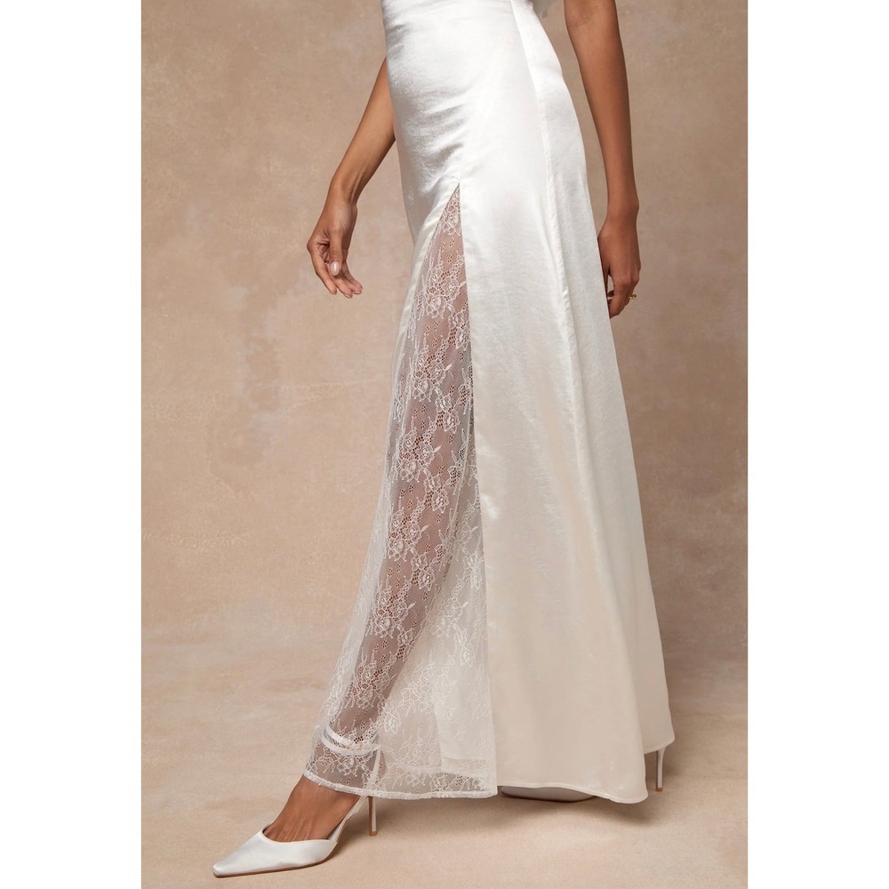 Lulus Concetta Ivory Satin Lace Cowl Neck Halter Maxi Wedding Dress S 2894
